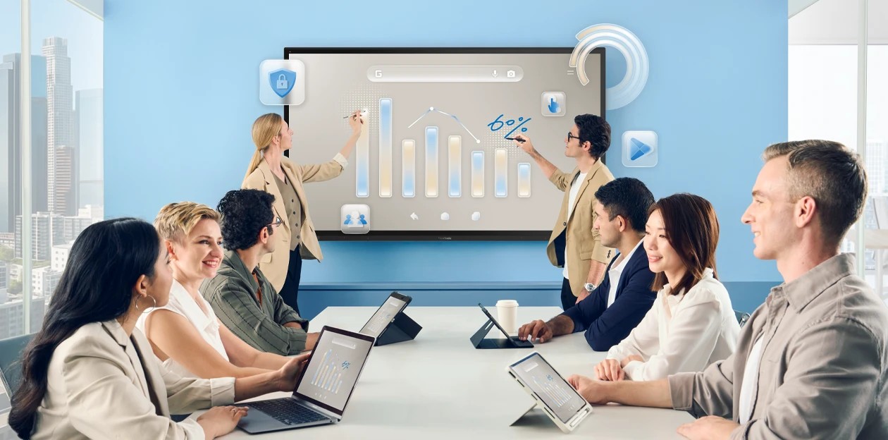 Colleagues presenting and annotating a chart on a ViewSonic interactive display