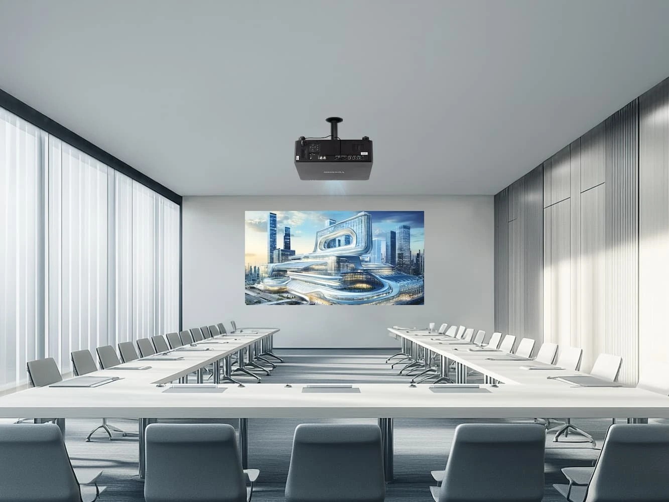 Ceiling-mounted projector displaying a large image in a bright presentation room